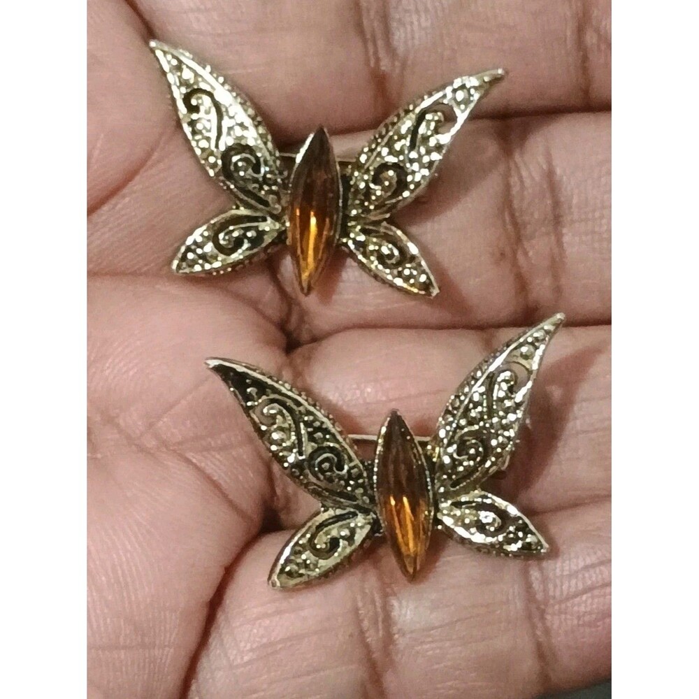 Filagree Butterfly Amber Gold Tone Vintage Twin Brooches